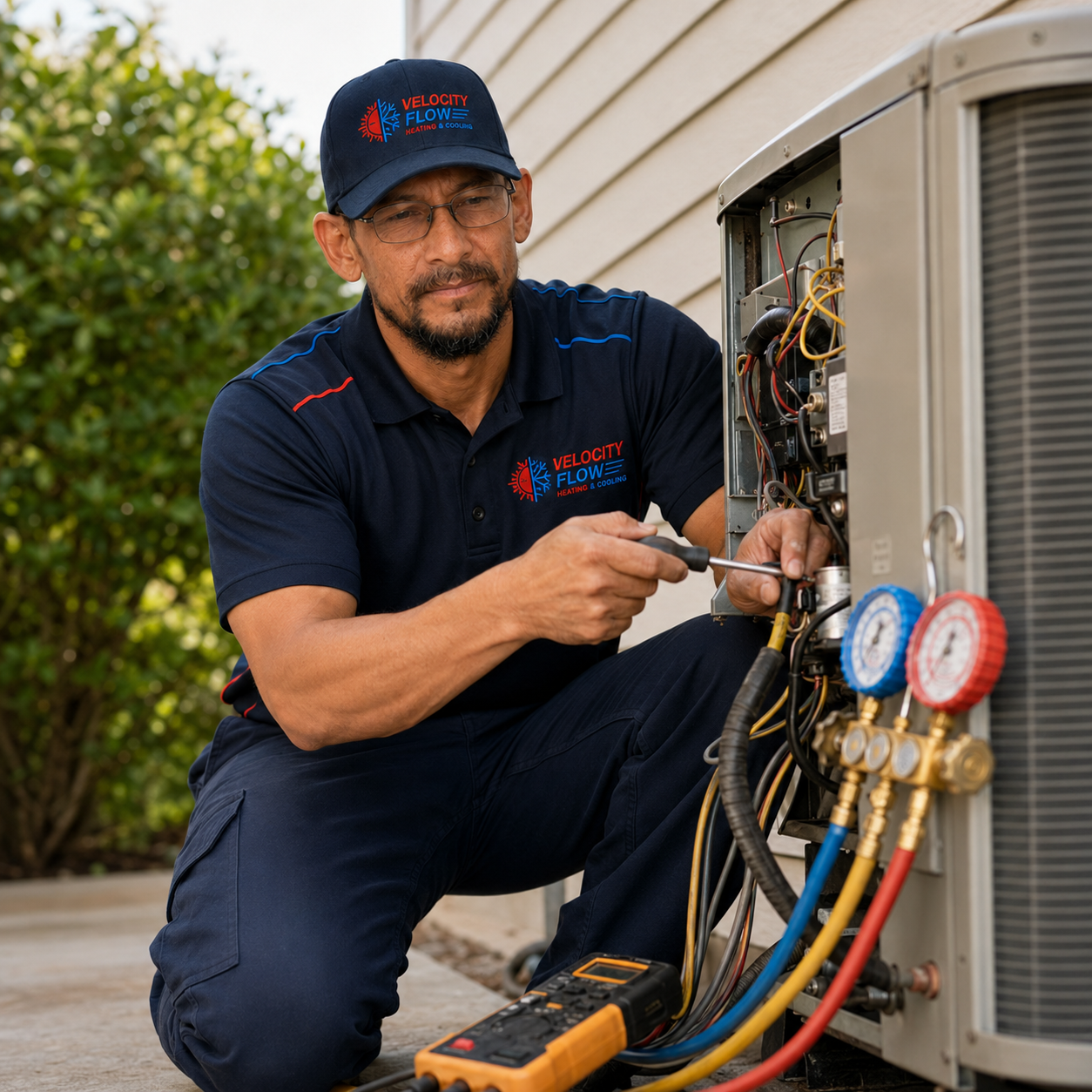 Velocity Flow technician repairing an outdoor AC system